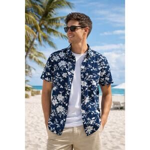 Navy Floral Button Up Shirt Short Sleeve 100% Cotton Casual Men’s M
